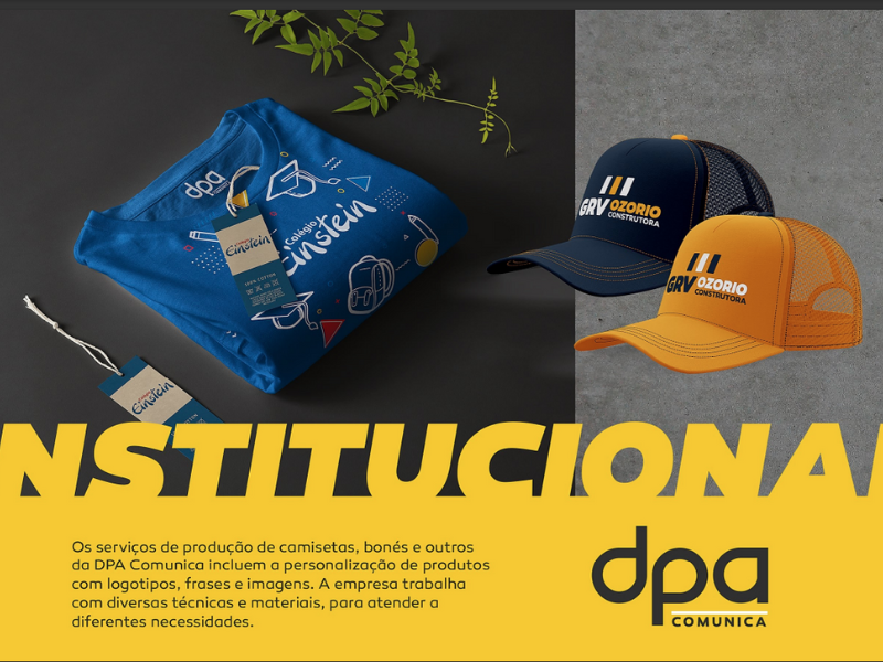Materiais institucionais: camisetas e bonés personalizados